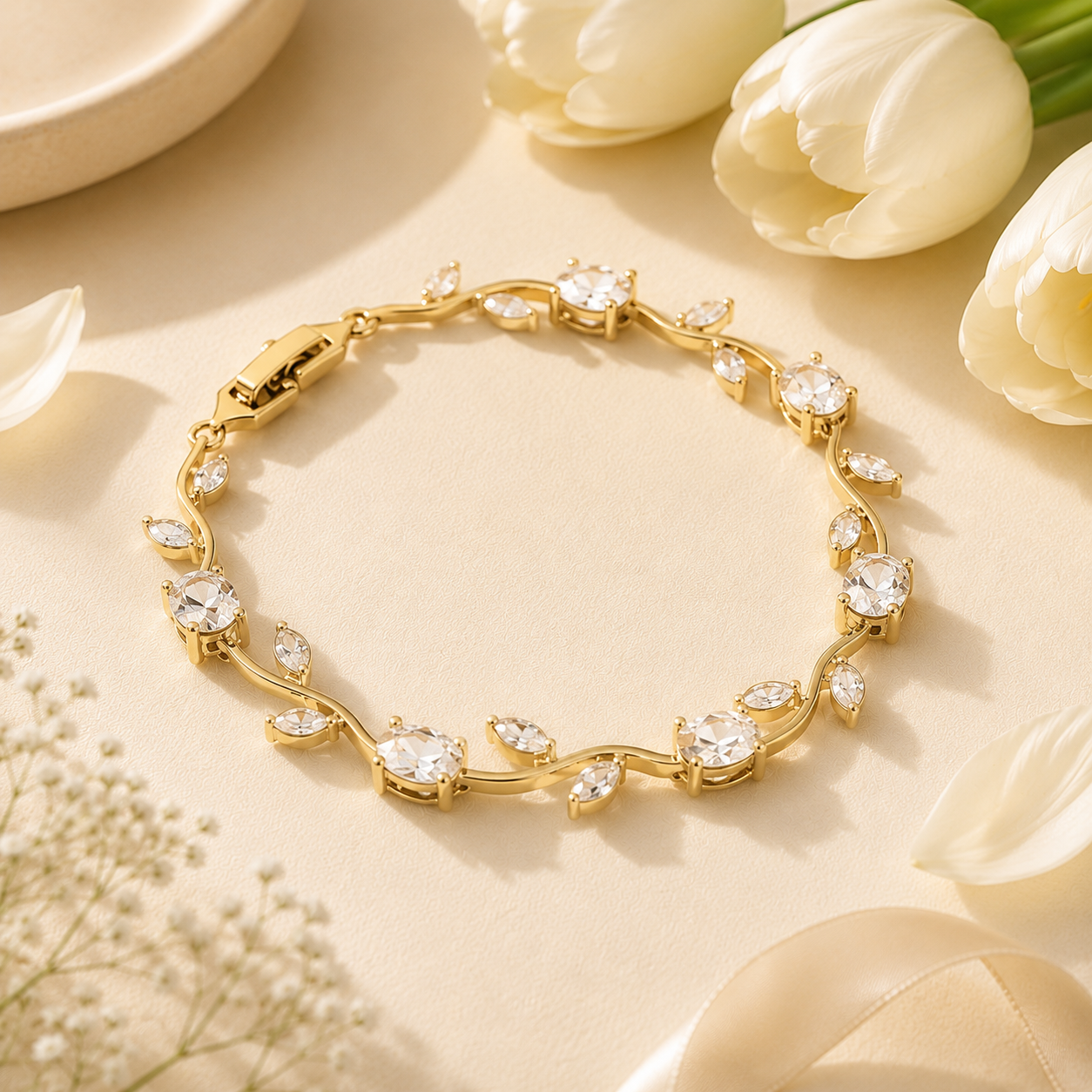 White Tulip Bracelet for Women | Elegant Floral Crystal Bracelet | Adjustable Luxury Jewelry by Glitz
