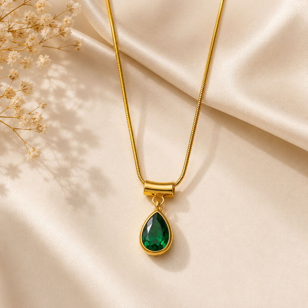 Emerald Green Teardrop Pendant Necklace for Women | Luxury Jewelry by Glitz