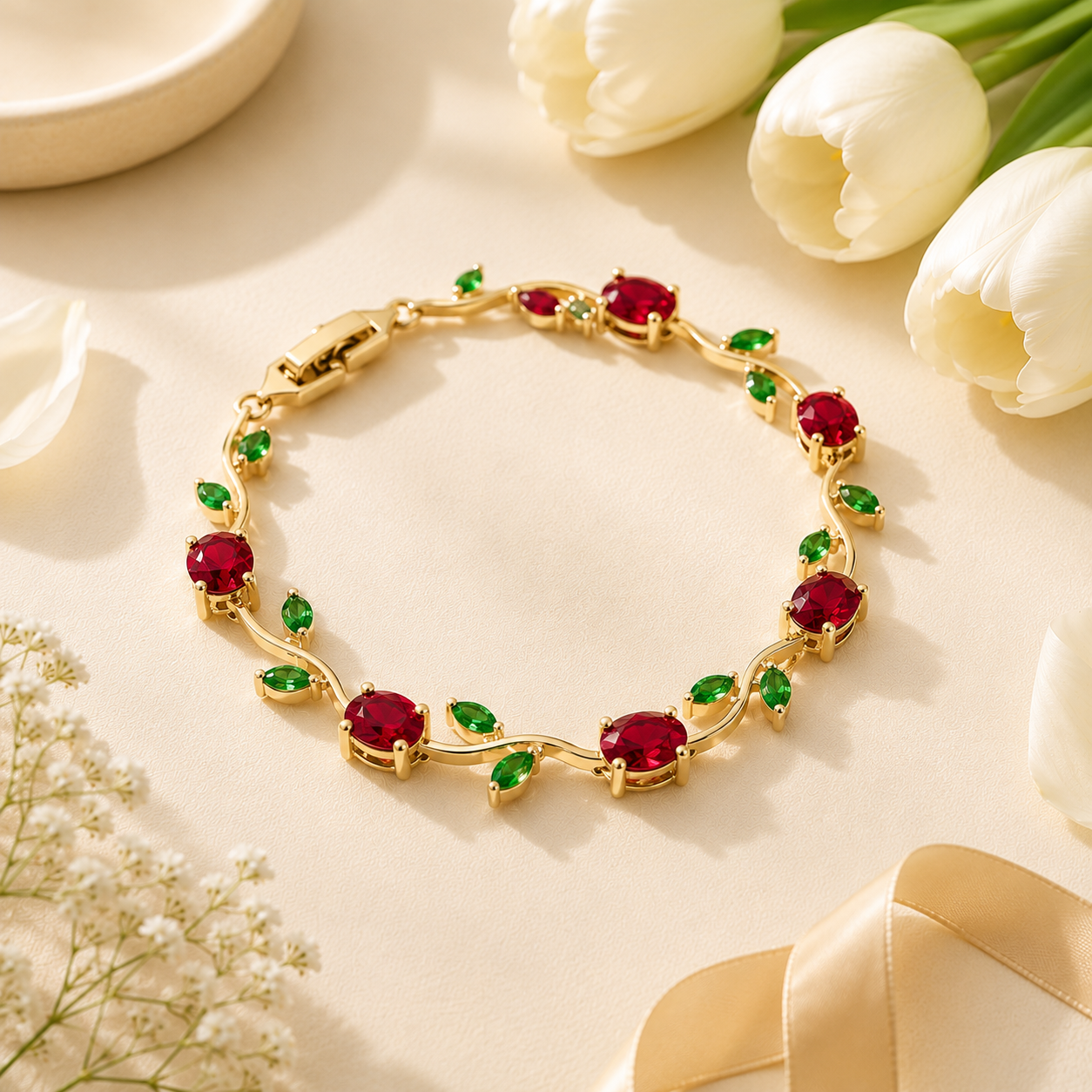 Red Tulip Bracelet for Women | Elegant Floral Crystal Bracelet | Adjustable Luxury Jewelry by Glitz